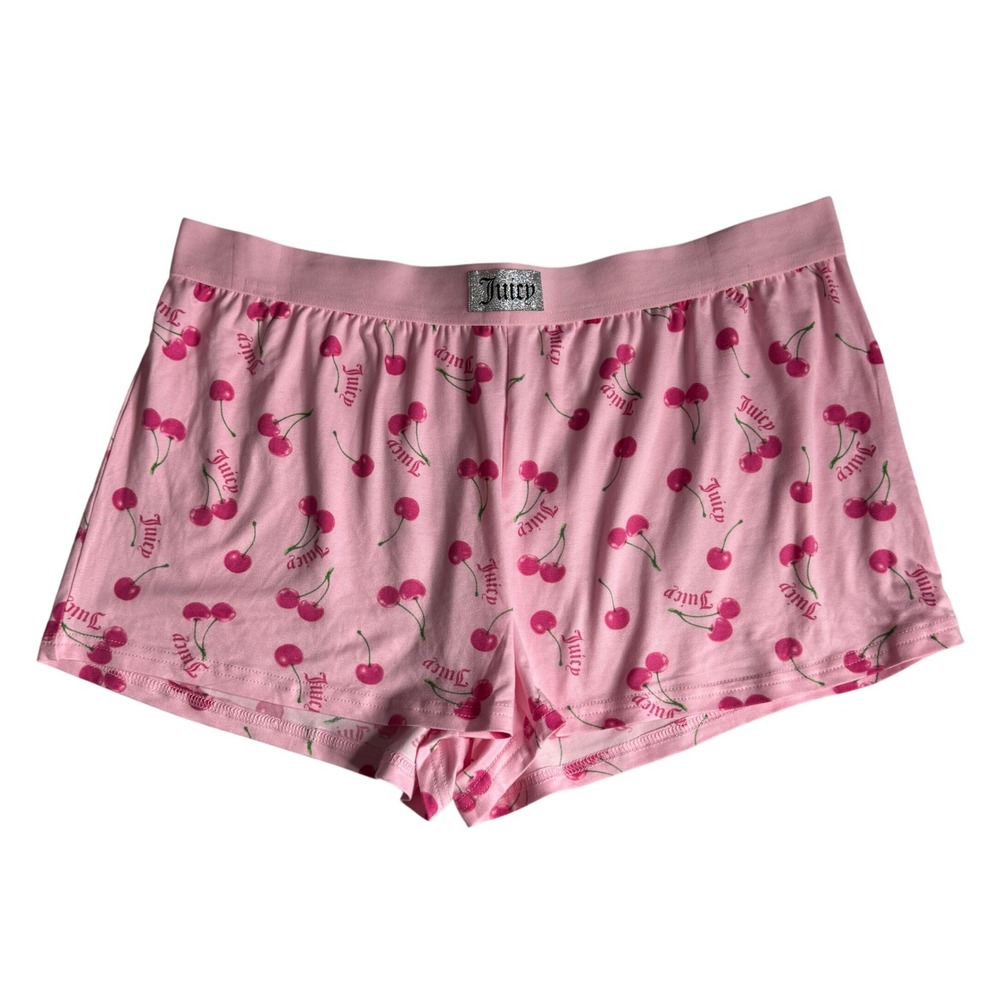 Juicy Couture Pink Cherry‎ Print Sleep Pajama Shorts Logo Patch Womens Large